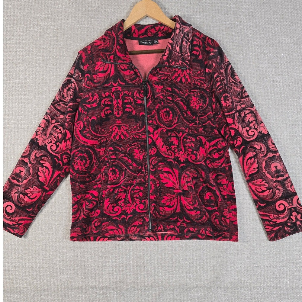 Onque Casual Jacket Womens XL Red Black Baroque Filigree Full‎ Zip Cotton Blend